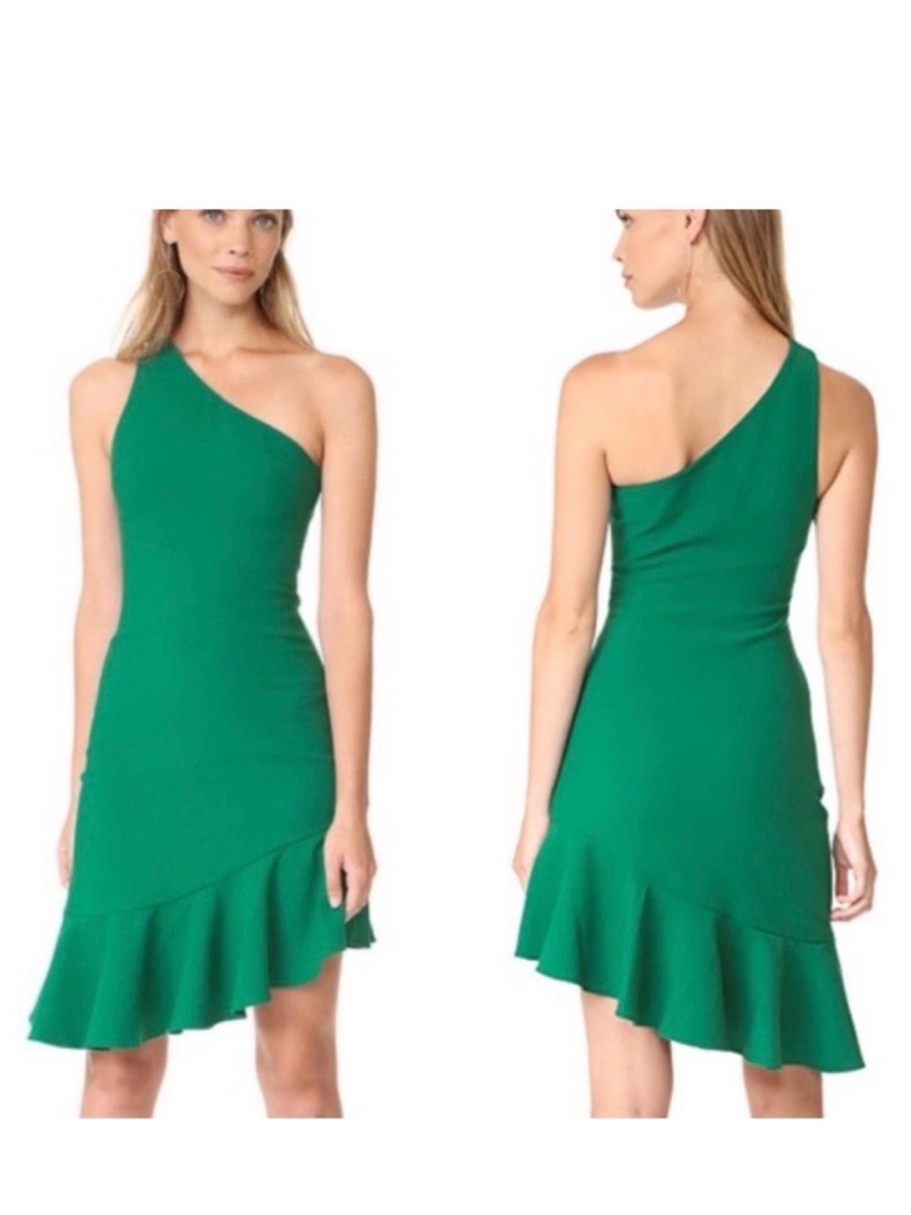 cinq a sept One-Shoulder Emerald Green Ruffle-Hem Dress